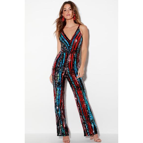 DRESS THE POPULATION Charlie Sequin Jumpsuit XS Pink Magenta Sleeveless NWOT - Picture 3 of 10